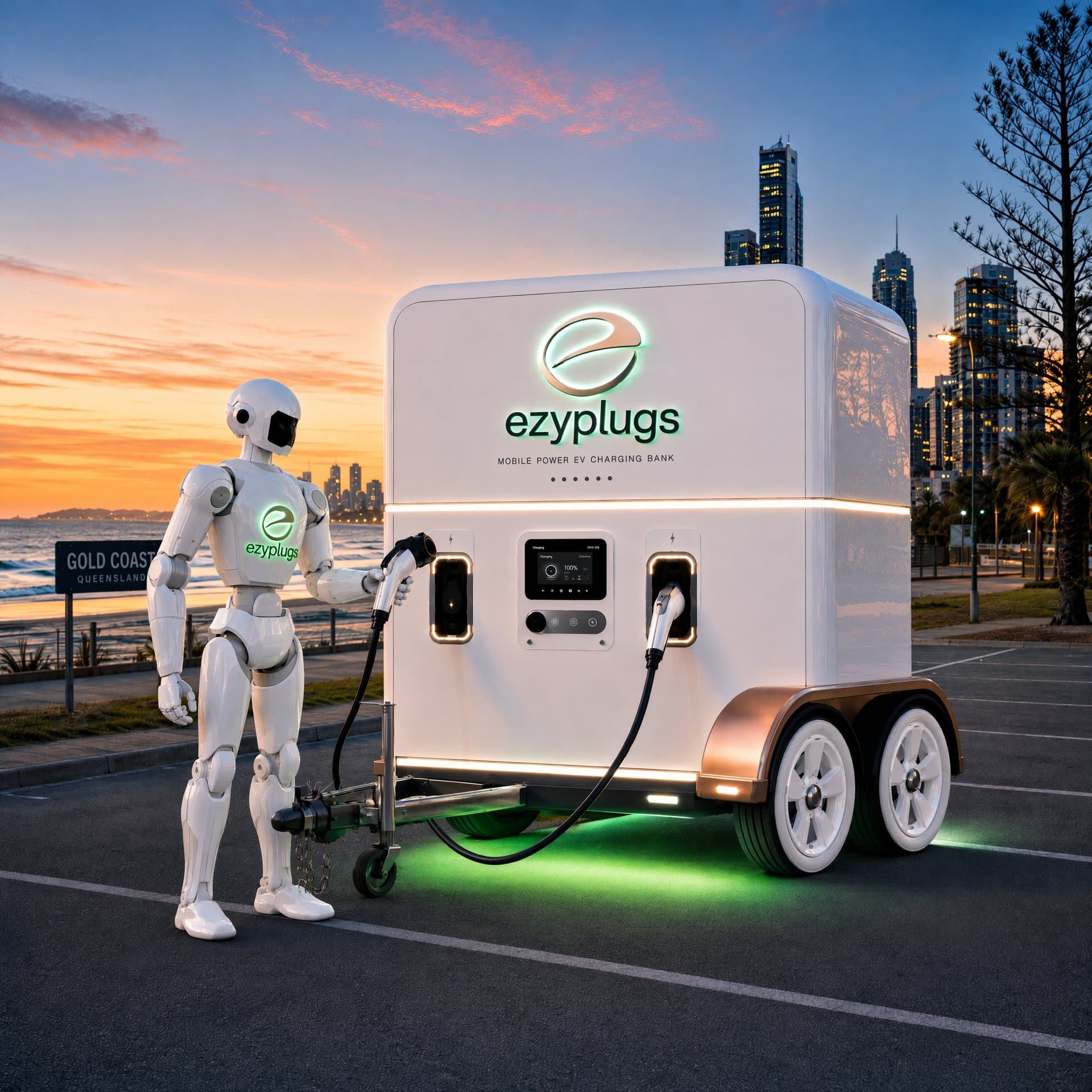 Concept render of the Ezyplugs charging bank glowing at sunset on the Gold Coast
